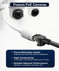 Cat6 Ethernet Patch Cable 1ft 5 Pack 10Gbps RJ45 Pure Copper 24AWG powers PoE cameras, shown in use with security camera setup.