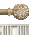 Boho Wood Curtain Rod Set 1 Inch Adjustable From 36 To 88 Inches With Imitation Wood Grain Leaf Finials, Heavy Duty Rustic Farmhouse Drapery Rods In Weathered Wood Finish, shown with curtains in room.