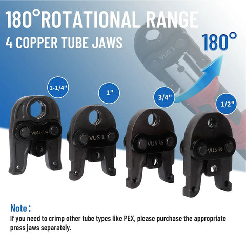 Professional 18V Cordless Pipe Crimping Tool With Four Interchangeable Jaws, 180° swivel head, suitable for copper repairs.