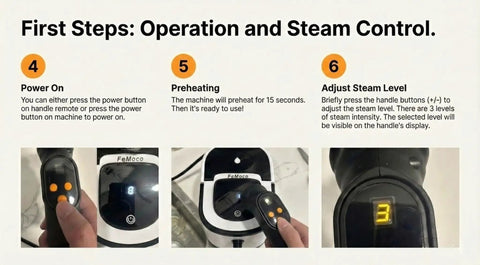 Pro Two In One Steam Cleaner Mop With Large Tank For Sixty Min Run And Fifteen Sec Warm Up showing control panel and steam settings.