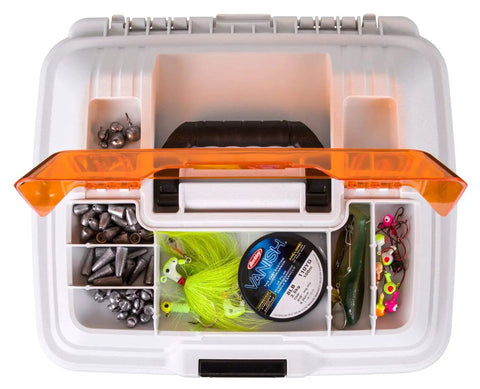 Top view of Pro Multiloader Tackle Box With Zerust Anti Rust Technology showing organized compartments and tackle gear