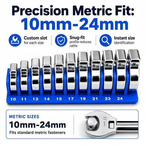 Modular Crowfoot Wrench Organizer Tray For 10mm To 22mm Wrenches, Drawer Friendly Tool Tray in blue with wrench sizes labeled