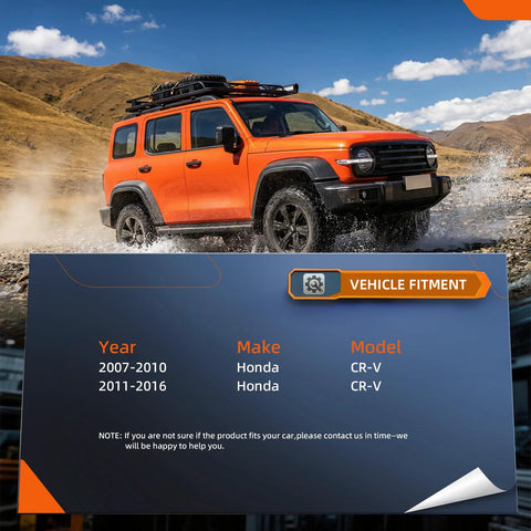 Vehicle fitment chart for Honda CR-V, compatible with 2007 to 2016 models, shown in outdoor setting with orange SUV.