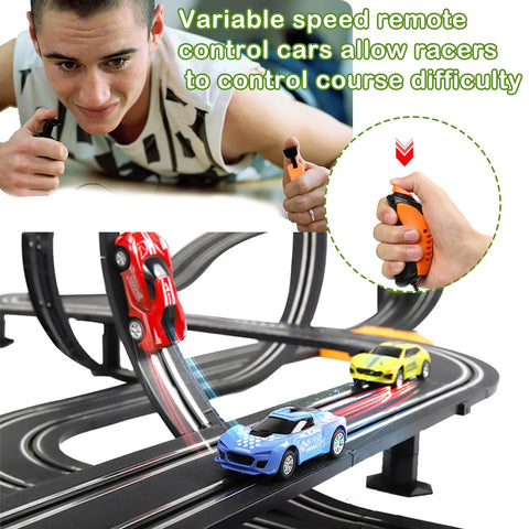 Epic Slot Car Race Track Set With 23 Foot Track, 4 Cars in action with remote control and loops for racing fun.