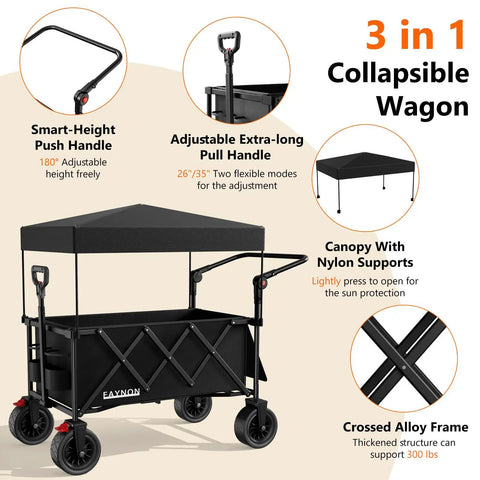 3 in 1 Collapsible Wagon With 300 Lb Weight Capacity Heavy Duty Utility Cart With Removable Canopy and adjustable handles