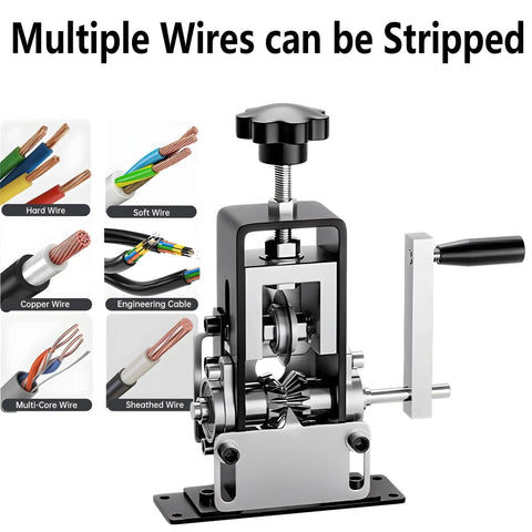 DualDrive Wire Stripping Machine for copper wire 0.06 to 1 inch gauge showing drill powered and hand crank with tungsten blade