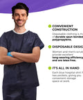 Pack Of Ten Dark Blue Disposable Scrub Shirts Unisex Adult Large lightweight spunbond polypropylene short sleeve top with double chest pockets.