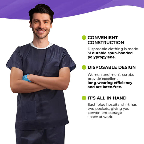 Pack Of Ten Dark Blue Disposable Scrub Shirts Unisex Adult Large lightweight spunbond polypropylene short sleeve top with double chest pockets.