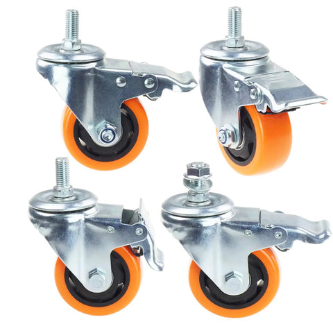 Set of 4 heavy-duty swivel caster wheels with 3-inch orange PVC wheels and M12-1.75x25mm stems
