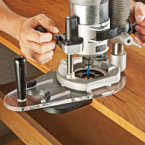 Universal Offset Router Base Plate For Precision Woodworking clear acrylic foot mounted under router for steady cutting on wood.