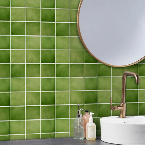 Green 3D Peel And Stick Tile Backsplash Squares 11.8x11.8 Inches Ultralight PVC, Waterproof, Easy To Install in bathroom setting
