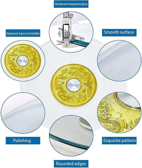 Lazy Susan Turntable 360 Degree Rotating Glass Tray with gold pattern, measuring thickness, smooth surface, polished edge, 110 cm