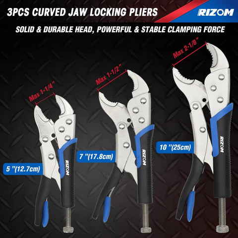 Six Piece Locking Pliers Set With Curved Jaw Needle Nose And C Clamp Vise Grips in 5, 7, 10 inch sizes on black background