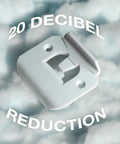 Premium Door Silencer Strike Plate That Cuts Latch Noise And Makes Slamming Chill Out Daily For Zero Stress Home Habits With Durable Flexible Rubber Mounts And Quick One Step Install shown against a cloudy background, highlighting 20 decibel reduction.