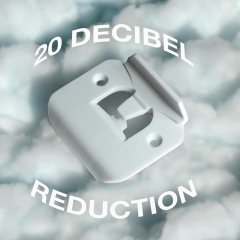 Premium Door Silencer Strike Plate That Cuts Latch Noise And Makes Slamming Chill Out Daily For Zero Stress Home Habits With Durable Flexible Rubber Mounts And Quick One Step Install shown against a cloudy background, highlighting 20 decibel reduction.