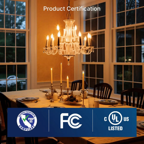 LED Candelabra Bulbs 40W Equivalent B11 E12 Small Base Chandelier Bulbs, warm light in dining room with table setting, UL Listed.