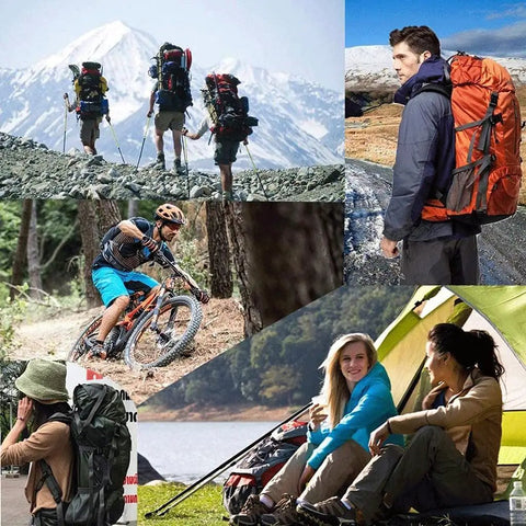 People using 55L Waterproof Lightweight Hiking Camping Travel Backpack For Men And Women Durable Nylon Daypack in various adventures