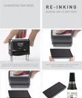 Top Shelf Self Inking Rubber Stamp For Signing And Dating With Arrow Graphics Red Ink No Sweat Process Up To 5000 Crisp Impressions Heavy Duty Professional Mount instructional images showing changing and re-inking ink pads.