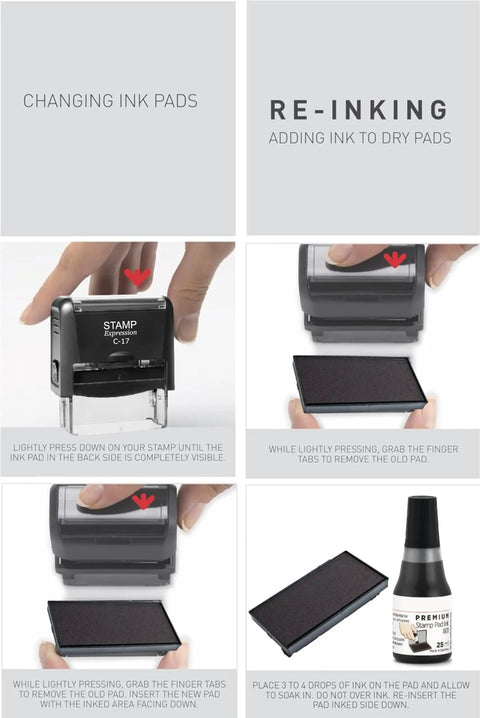 Top Shelf Self Inking Rubber Stamp For Signing And Dating With Arrow Graphics Red Ink No Sweat Process Up To 5000 Crisp Impressions Heavy Duty Professional Mount instructional images showing changing and re-inking ink pads.