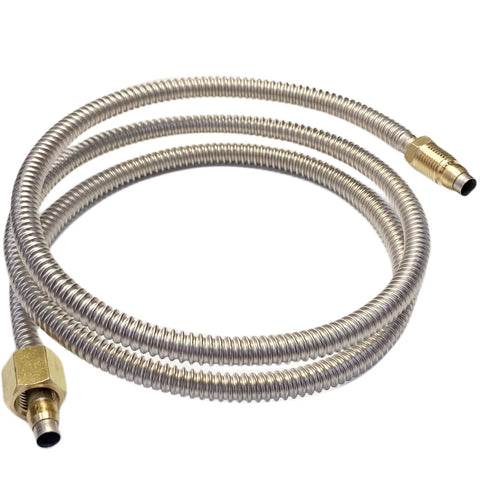 Stainless steel flexible gas line with brass compression fittings at ends, 36 inches long.