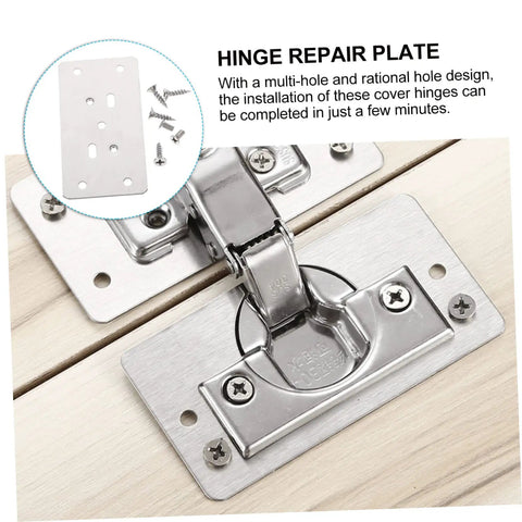 6 Pack Cabinet Hinge Repair Plates installed on wood surface with screws, durable corner hinge plates with multiple designs