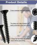 Premium Black Wood Screws Assortment Kit 250 Piece Heavy Duty Carbon Steel Fasteners showing cross recessed flat head design and sharp tip.
