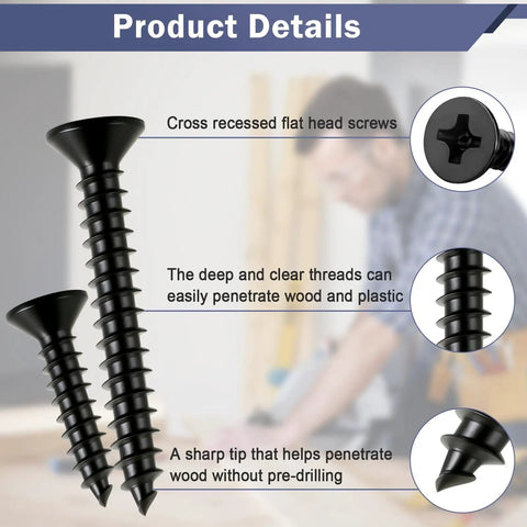 Premium Black Wood Screws Assortment Kit 250 Piece Heavy Duty Carbon Steel Fasteners showing cross recessed flat head design and sharp tip.