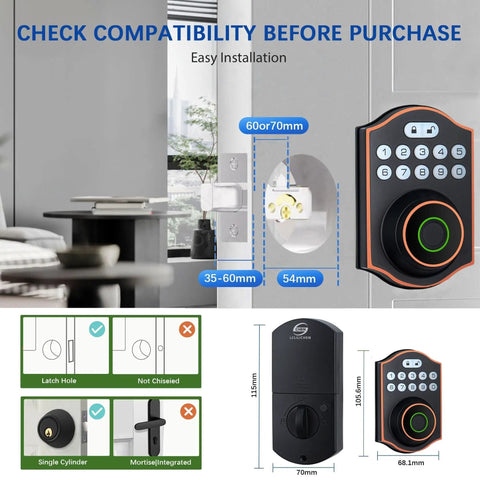Smooth Keyless Entry Deadbolt With Smart Fingerprint Reader And Electronic Keypad Bluetooth App Control No Sweat Setup dimensions and installation guide
