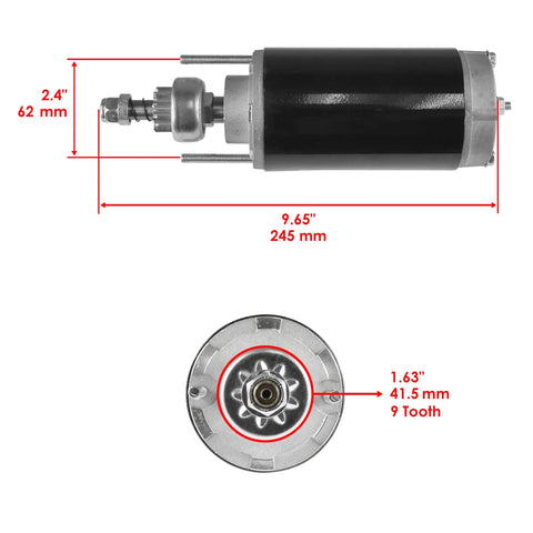 Starter For Mercury Marine Sport Jet Engines Including 120 HP Models From 1995 To 2000 And 120XR 120XR2 Variants Plus 90 HP Range From 1993 To 1995 Replacement Part For Reliable Start with dimensions and 9-tooth detailed view.