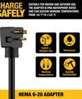 NEMA 6 20 Adapter For 16A 240V Home And Portable EV Chargers shown with waterproof and temperature icons