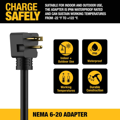 NEMA 6 20 Adapter For 16A 240V Home And Portable EV Chargers shown with waterproof and temperature icons