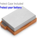 Battery And AC Wall Charger Replacement For Canon LP-E8 LPE8 And LC-E8E shown with protective case, fits EOS Rebel cameras.