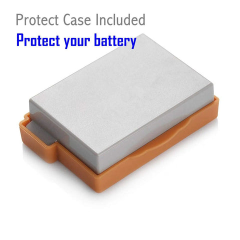 Battery And AC Wall Charger Replacement For Canon LP-E8 LPE8 And LC-E8E shown with protective case, fits EOS Rebel cameras.
