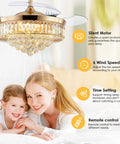 Crystal Chandelier Ceiling Fan With Retractable Blades, Remote Control, Dimmable Lights, in living room setting