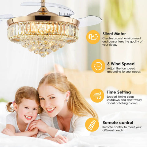 Crystal Chandelier Ceiling Fan With Retractable Blades, Remote Control, Dimmable Lights, in living room setting