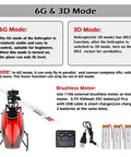 Diagram showing the Powerful Brushless RC Helicopter With 6CH 2.4G Remote For Adults, 3D Inverted Flight, and three included batteries