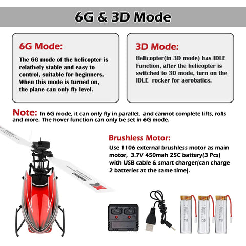 Diagram showing the Powerful Brushless RC Helicopter With 6CH 2.4G Remote For Adults, 3D Inverted Flight, and three included batteries