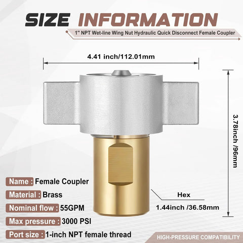 Front view of Otoolling 1-pack 1-inch NPT wet-line wing-nut hydraulic quick-disconnect female coupler, brass body