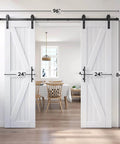 Double 24In By 84In Barn Door Kit With 8Ft Sliding Hardware And Handle Included installed in a dining area, white K-frame doors