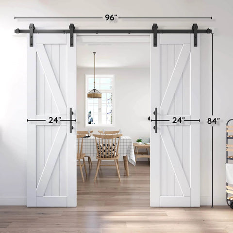 Double 24In By 84In Barn Door Kit With 8Ft Sliding Hardware And Handle Included installed in a dining area, white K-frame doors