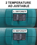 Cordless Heat Gun For 18V LXT Batteries, 2 temp settings shown, 350°C/662°F and 500°C/932°F, close-up of adjustment switches