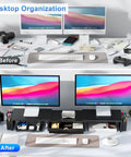 Dual Monitor Stand Riser With Drawer And Magnetic Pen Holders Adjustable Desk Organizer For Home Office Keeps Your Desk Setup Clean And Neat Sturdy Computer Monitor Stand With Top Shelf Black