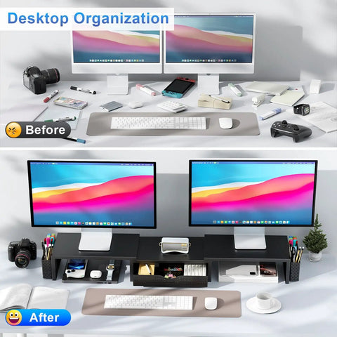 Dual Monitor Stand Riser With Drawer And Magnetic Pen Holders Adjustable Desk Organizer For Home Office Keeps Your Desk Setup Clean And Neat Sturdy Computer Monitor Stand With Top Shelf Black