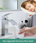 Chrome Waterfall Bathroom Faucet With Modern Single Handle For 1 Or 3 Holes pouring water into a glass with pop-up drain feature visible
