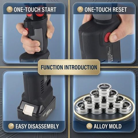 Heavy Duty 120KN Electric Hydraulic Crimping Tool Kit With Sixteen Dies For Cable Lugs Wire Crimpers features one-touch start and reset.