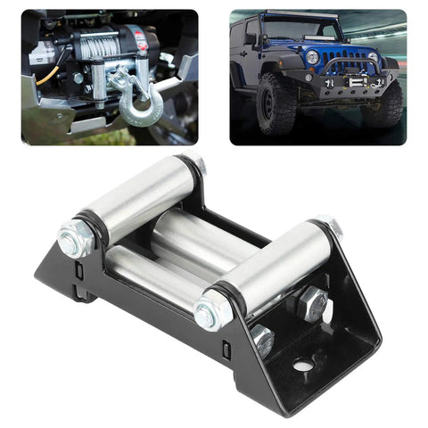 Side By Side Winch Fairlead Cable Roller With Iron Support Beefy Heavy Duty 125mm 5in Hole Distance Reducing Friction And Cable Wear For Universal Fit On Off Road Rigs UTVs And Jeeps shown with off-road vehicle setup.