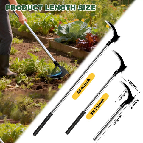 Beast Mode Double Head Sickle Weeding Tool Manual Weeder with Sharp Curved Blade, garden use, showing lengths 48.4 and 32.2 inches.