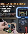 Auto-Ranging Digital Multimeter With 9999 Counts TRMS measuring on circuit board, showing display and probes, pro grade tester