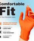 Orange nitrile work gloves with raised diamond texture grip, size Large, pack of 100