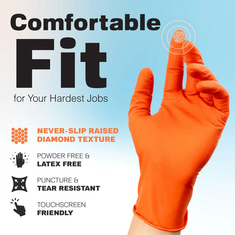 Orange nitrile work gloves with raised diamond texture grip, size Large, pack of 100
